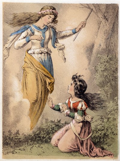Illustration des contes de Franz Hoffmann « Contes et Fables - Les 3 cadeaux » : le souhait exaucé par une fée. Chromolithographie du XIXe siècle. - German School
