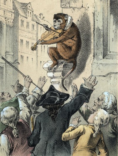 Illustration des contes de Franz Hoffmann "Contes et Fables - Le singe et le violon": un singe jouant du violon devant une foule. Chromolithographie du 19ème siècle. - German School