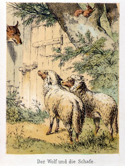 Illustration des contes de Franz Hoffmann « Contes et Fables - Le loup et les moutons » : un loup parlant avec les deux moutons. Chromolithographie du XIXe siècle. - German School