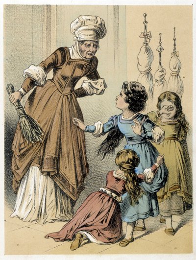 Illustration des contes de Franz Hoffmann Tales et Fables - Les 3 Cadeaux : une femme a abusé des 3 filles. Chromolithographie du XIXe siècle - German School