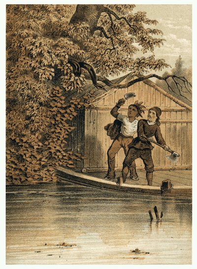 Illustration de la conquête du fleuve Amazone par les Européens. dans « De Bootslieden der Amazon-River », Karl Muller, Pays-Bas - German School