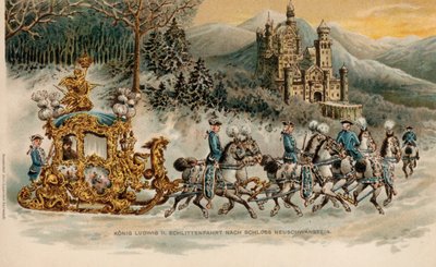 Le roi Louis II de Bavière se rendant au château de Neuschwanstein dans un traîneau doré (chromolitho) - German School