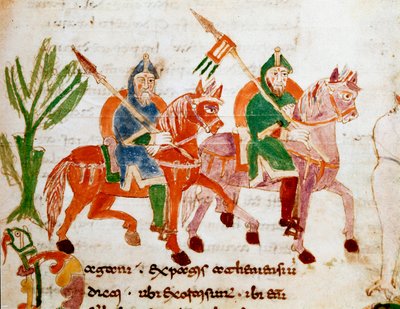 Chevaliers avec chevaux. Miniature tirée du manuscrit « De Universo » ou « De rerum naturis » (De la nature des choses) par Rabanus Maurus Magnentius (ca. 780-856). IXe siècle. Archives de l