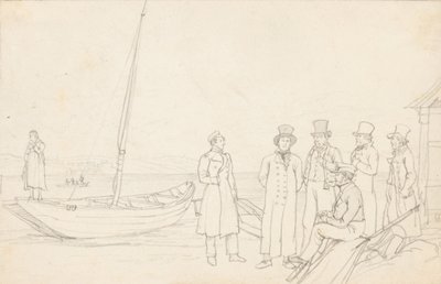 Scène au bord du lac avec sept personnages - German School