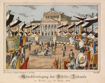 Pose de la première pierre du monument Schiller au Gendarmenmarkt, Berlin, 10 novembre 1859, avec le Schauspielhaus en arrière-plan, de Neuruppiner Bilderbogen, publié par Oehmigle & Ri - German School