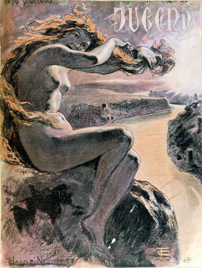 Lorelei et le Rhin, couverture du magazine Jugend numéro spécial consacré au poète Heinrich Heine (1797-1856), 9 décembre 1899 - German School