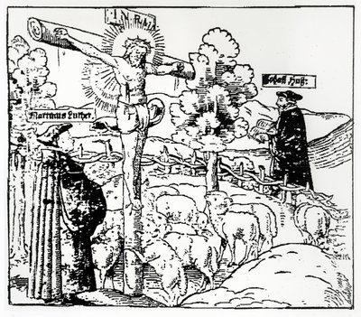 Luther (1483-1546) et Hus (1369-1415) avec le Christ dans la bergerie, c.1520-21 - German School