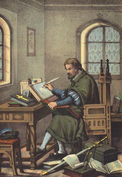 Luther déguisé en Junker Jorg à Wartburg traduction du Nouveau Testament (chromolithographie) - German School