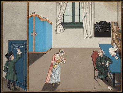 Homme écrivant sur une porte et intérieur d