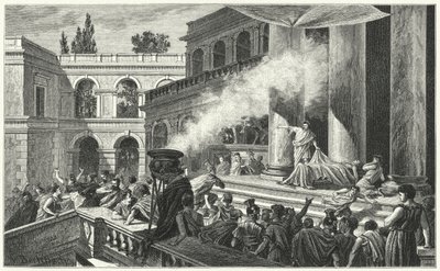 Marc Antoine provoque une émeute avec son oraison funèbre lors des funérailles de Jules César, 44 av. J.-C. (gravure) - German School