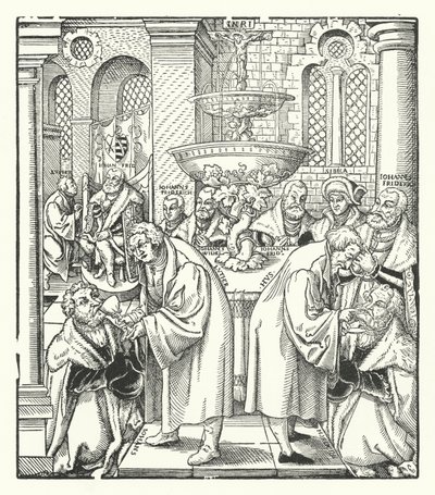 Martin Luther et Jan Hus administrant la Sainte Communion à la famille royale saxonne - German School