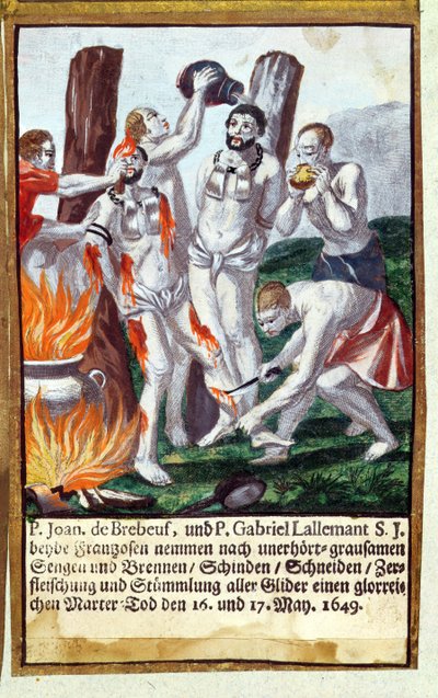 Martyr de Jean de Brébeuf et Gabriel Lalemant par les Iroquois, en Nouvelle-France 1649, du Martyrologe des Jésuites, 1688 - German School