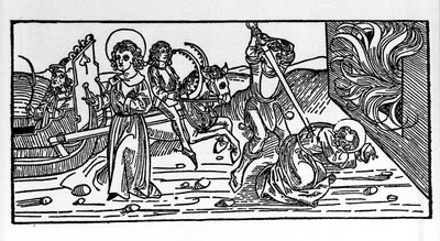 Martyr de Saint Polycarpe de Smyrne (ca. 69-155), évêque. Gravure du "Leben der Heiligen - Sommerteil (livre des saints)" par Jacobus (Jacques) de Voragine (1228-1298) - German School