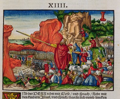 Moïse traversant la Mer Rouge, de la Bible de Luther, vers 1530 (gravure sur bois colorée) - German School