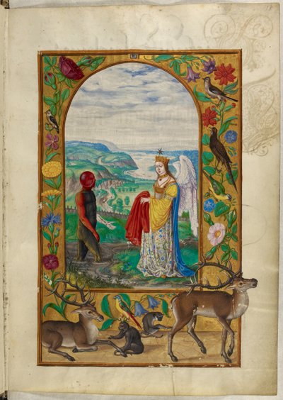 Ms Harley 3469, f.18 Reine offrant une robe à un homme dans une piscine, la Quatrième Parabole, de 