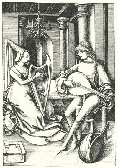 Musiciens jouant du luth et de la harpe dans une maison de campagne au XVe siècle - German School