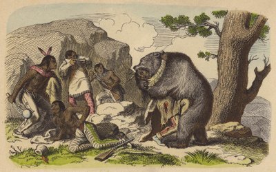 Amérindiens chassant des ours (gravure en couleur) - German School