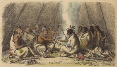 Amérindiens des tribus Fox et Raven fumant le calumet de la paix - German School