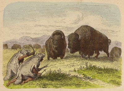 Amérindiens portant des peaux de loup chassant le bison - German School