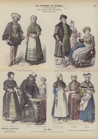 Costumes norvégiens et danois, début du XVIIe siècle (gravure en couleur) - German School