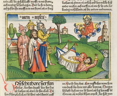 Nombres 16:32 La Terre engloutit les rebelles Dathan et Abiram, de la Bible de Nuremberg (Biblia Sacra Germanaica) - German School