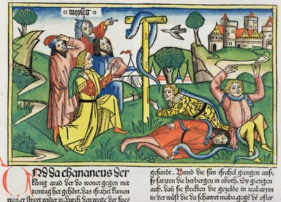 Nombres 21:4-9 Des serpents venimeux mordent les Israélites rebelles, de la Bible de Nuremberg (Biblia Sacra Germanaica) - German School