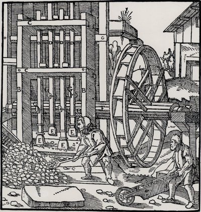 Roue à aubes, extrait de "De Re Metallica" de Georgius Agricola - German School