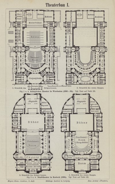 Plans du Théâtre Royal, Wiesbaden et du Théâtre Municipal, Rostock, Allemagne - German School
