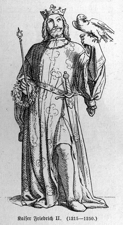 Portrait de Frédéric II de Hohenstaufen (1194-1250), roi du Saint-Empire romain germanique. Gravure dans "Kaiser, König und Papst" par Richard Roth - German School