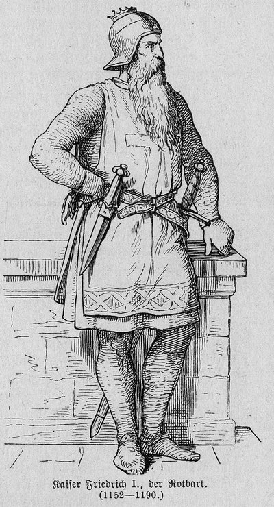 Portrait de Frédéric Ier de Hohenstaufen dit Frédéric Barberousse (1122-1190), empereur romain germanique. Gravure dans « Kaiser, König und Papst » par Richard Roth - German School