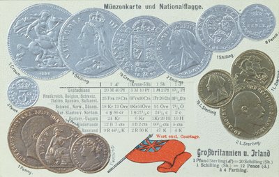 Carte postale représentant la monnaie britannique et ses équivalents en autres monnaies européennes, vers 1905 - German School