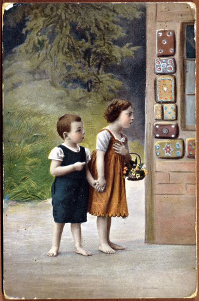 Carte postale représentant Hansel et Gretel devant la maison en pain d