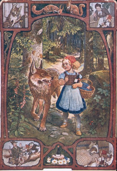 Carte postale représentant des scènes du Petit Chaperon Rouge, vers 1910 - German School