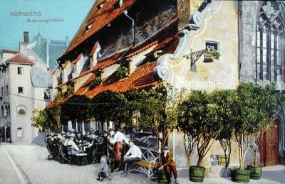 Carte postale représentant le restaurant Bratwurstglocklein à Nuremberg, avant 1914 - German School