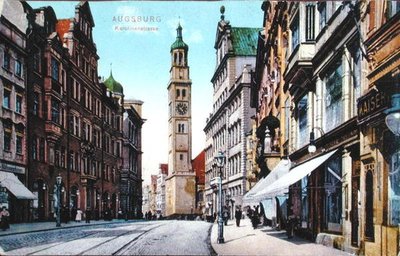 Carte postale représentant la Karolinenstrasse à Augsbourg, c.1910 (photo en couleur) - German School