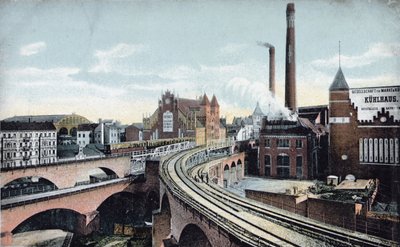Carte postale représentant le métro aérien à Berlin, avant 1910 - German School