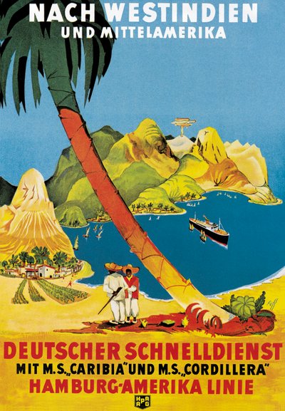 Affiche publicitaire pour les routes de la Hamburg-Amerika Linie vers les Antilles et l