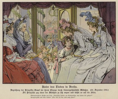 La princesse Louise de Mecklembourg-Strelitz embrassant une des filles alignées sur Unter Den Linden pour saluer son arrivée à Berlin pour son mariage avec le prince héritier Frédéric III de Prusse, 22 décembre 1793 - German School