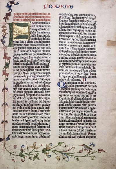 Folio de prologue avec lettre dorée et verte "F", et bordure de feuilles, fleurs, vignes et oiseau, 1455 - German School
