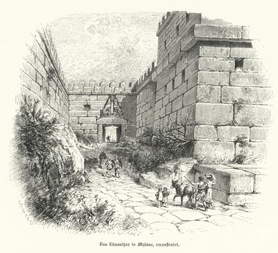 Reconstruction de la Porte des Lions, entrée de la citadelle de Mycènes, Grèce - German School