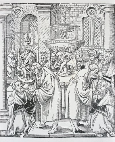 Réformateurs Martin Luther et Jan Hus administrant la communion - German School