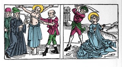 Représentation du martyre de Sainte Séraphie (Sérapia) (Séraphie de Syrie), chrétienne du 2ème siècle. Gravure de « Leben der Heiligen - sommerteil » (Le livre des saints) par Jacobus (Jacques) de Voragine (1228-1298). Lübeck 1488. - German School