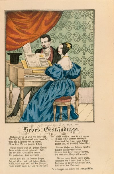 Scène montrant un couple au piano, avec un poème d