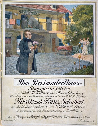 Couverture de partition de Das Dreimaederlhaus (La Maison des Trois Filles) représentant Schubert devant la maison, 1916 - German School