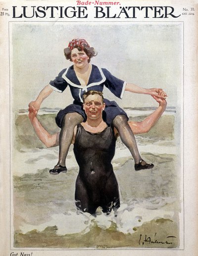 Bain de mer : un couple dans les vagues - dans « Lustige Blätter », n.d. - German School