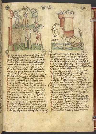 Sloane 361, f.27 Le roi Codrus se sacrifie pour son peuple, et Éléazar Maccabée poignardant l