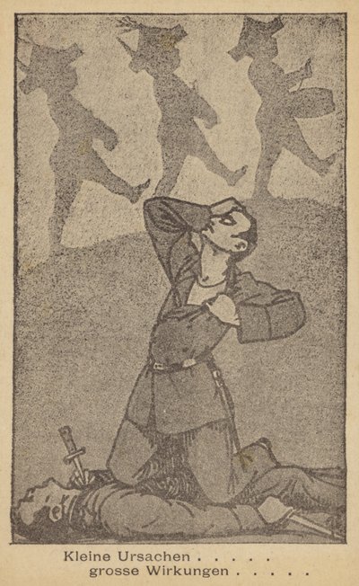 Petites causes, grands effets. Illustration allemande contre la guerre, publiée par la WILPF (Ligue internationale des femmes pour la paix et la liberté), fin des années 1920 (lithographie). - German School