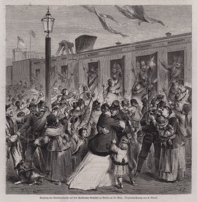 Soldats de la Gardelandwehr prussienne accueillis à la gare de Potsdam, Berlin, à leur retour de la guerre franco-prussienne, 22 mars 1871 - German School