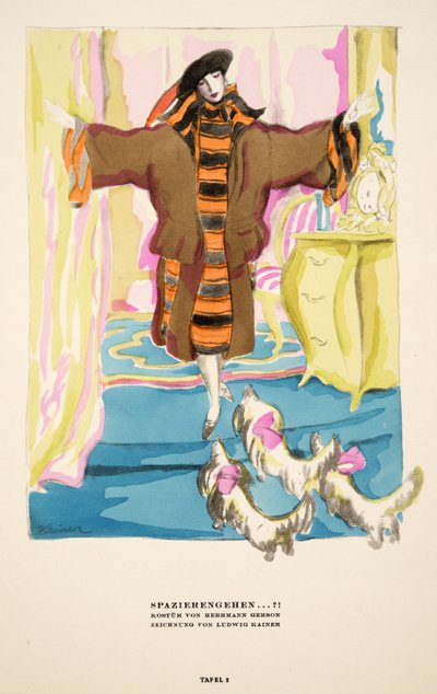 "Spazierengehen  !", publicité pour un costume de Hermann Gerson, extrait de Styl, publié en 1922 (épreuve de pochoir). - German School