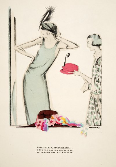 Spiegelein, Spiegelein ..., hats by Martha Lowenthal, from Styl, pub.1922 (pochoir imprimé) - German School